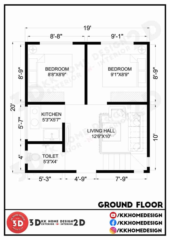 2bhk-small-space-house-design-19x20-feet-walkthrough-2021-kk-home-design